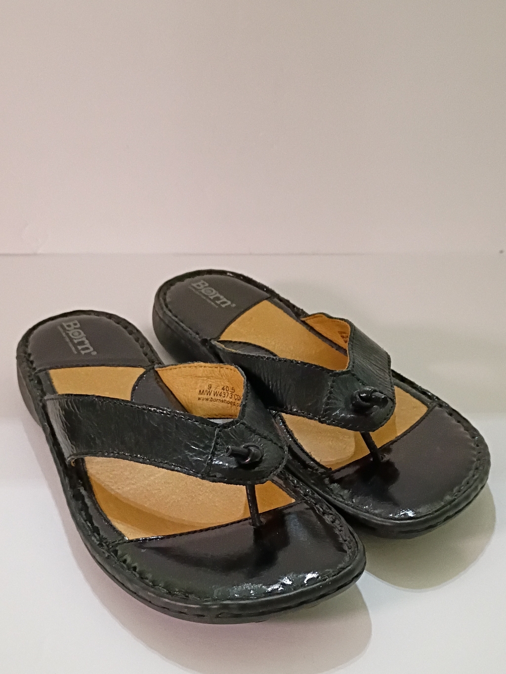 Born Black Patent Leather Thong Sandals with Tan Footbed